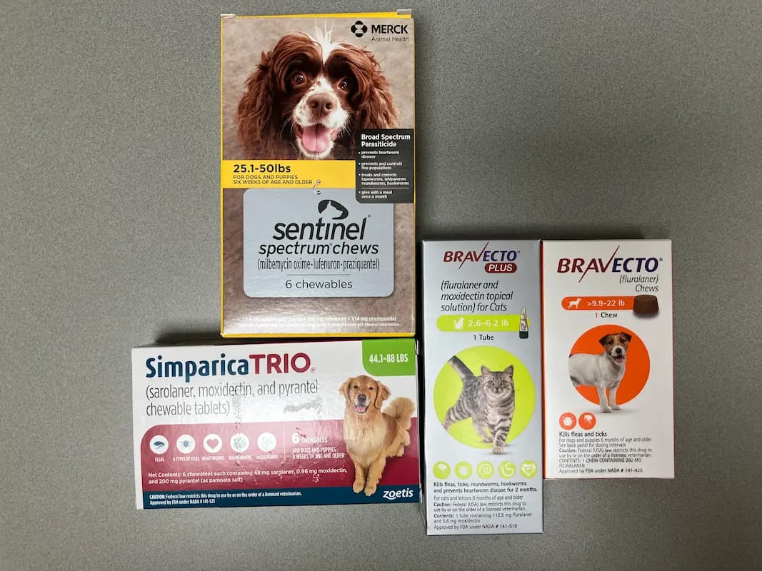 Common dog and cat flea, tick, and heartworm preventatives including Simparica Trio, Sentinel, and Bravecto at Graber's Animal Hospital in Toledo.